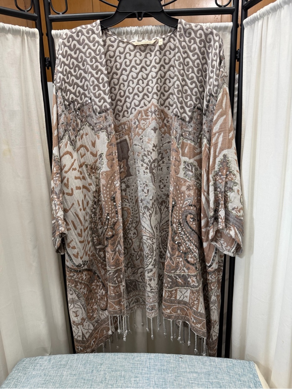 Soft Surroundings Beaded Paisley Kimono in Taupe & Cream